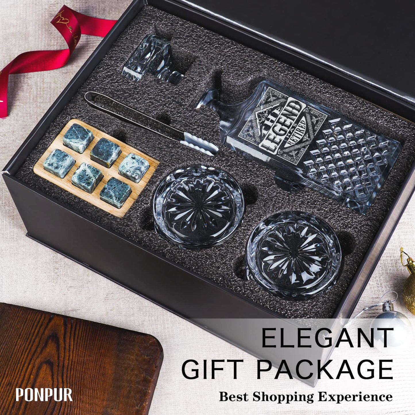 PONPUR The Legend Has Retired 2025 Retirement Gifts for Men Women, Whiskey Decanter Gift Set with 2 Whisky Glasses, Best Christmas Fathers Day Birthday Presents for Dad Coworkers Teacher