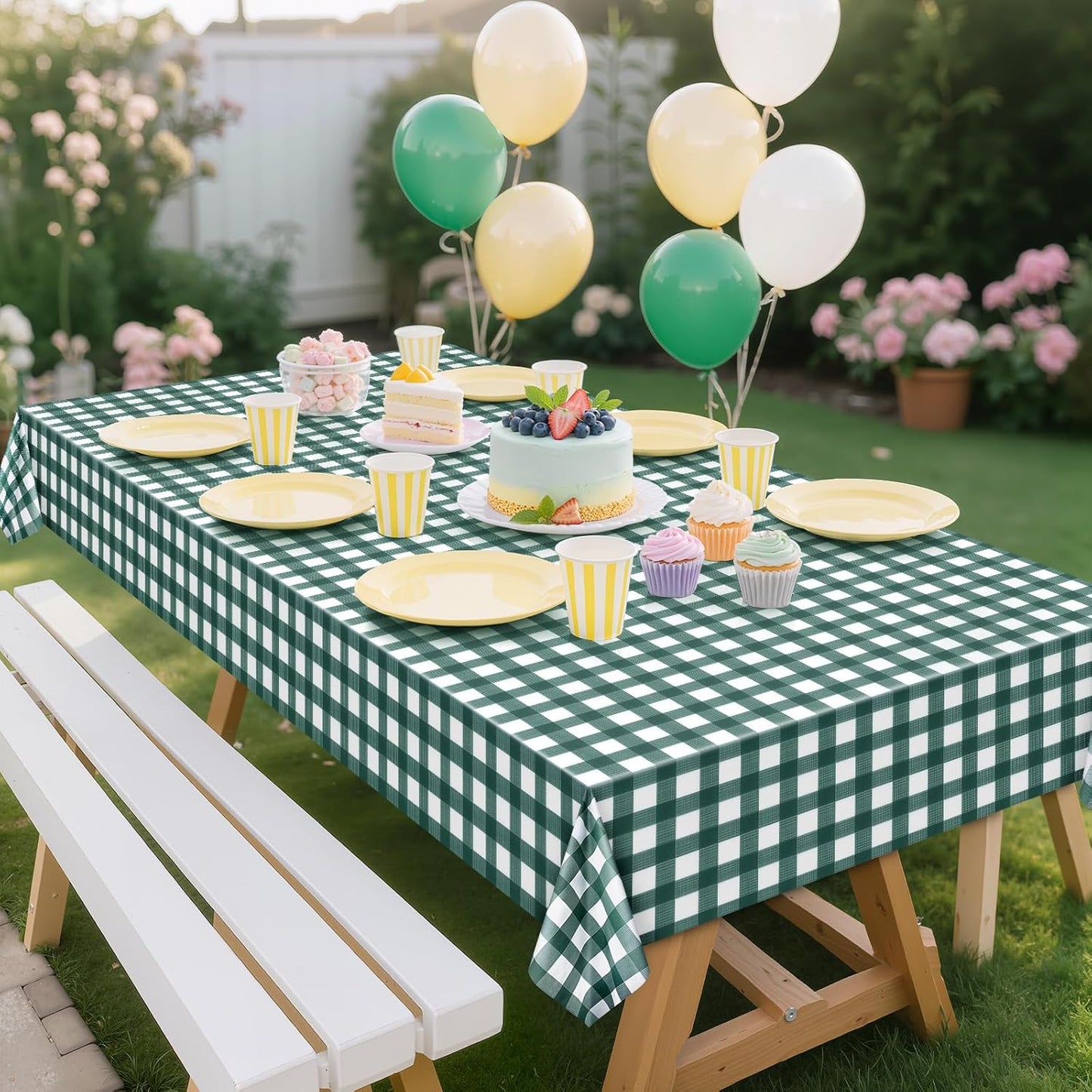 Skiennix Sage Green Striped Gingham Tablecloth - 54 x 108 Inch Disposable Waterproof Covers for Outdoor Events | Perfect for Picnics & Parties