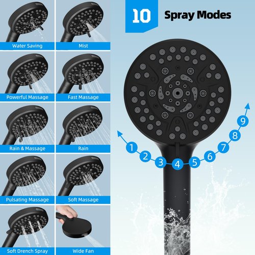 Hibbent All Metal High Pressure Rainfall 10'' Shower Head, CUPC Certified Handheld Showerhead Combo, 12'' Adjustable Shower Extension Arm, 10-Spray, 71'' Hose, Adhesive Showerhead Holder, Matte Black