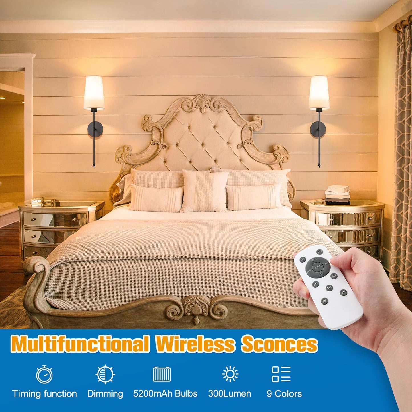 NIORSUN Black Battery Operated Wall Sconce Set of 2,Rechargeable Wall Lights with 5200mAh Dimmable Detachable Bulbs and Remote,9 Colors Wireless Sconces for Bedroom Living Room Hallway