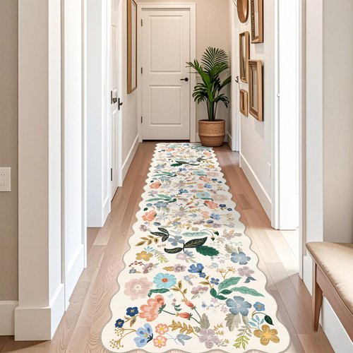 Washable 3x12 Hallway Runner Rug: Soft Floral Scalloped Runners for Entryway Kitchen Nursery Non Slip Bathroom Laundry Floor Mat Water Resistant Light Weight Carpet for Living Room Bedroom(3x12,Cream)
