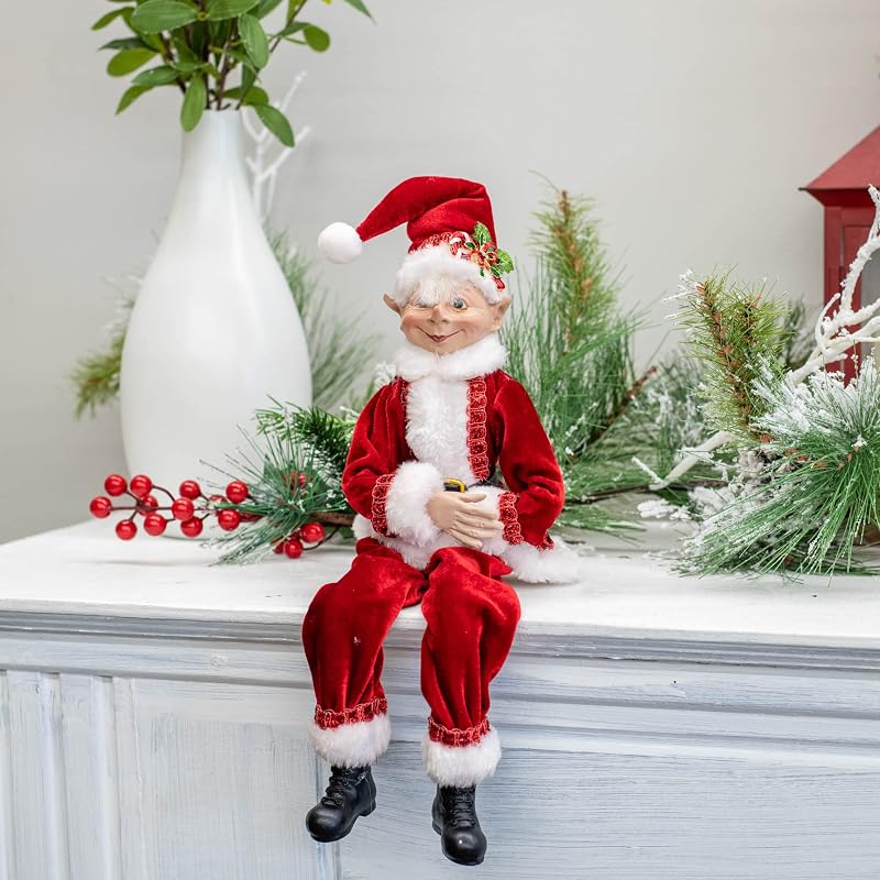 Posable Elf Christmas Figurine 16" – Santa Velvet Red Plush