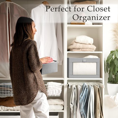 Criusia Linen Closet Organizers - 4 Pack Foldable Storage Baskets for Towels, Clothing, and Books | Grey