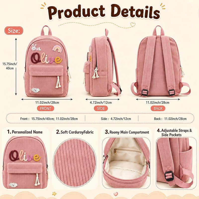 Personalized Kids Backpack with Name Embroidery, Corduroy School Bag for Girls & Boys