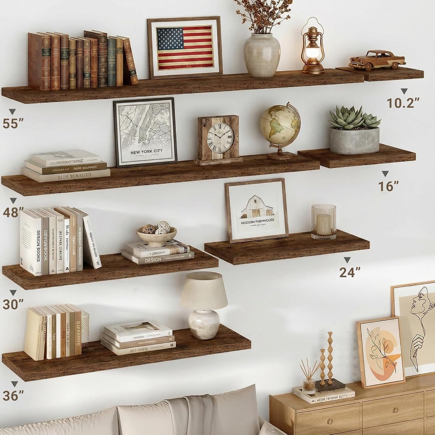 Vivelove 10-Inch Deep Floating Shelves - Rustic Brown Wall Decor | Set of 2 with Invisible Brackets