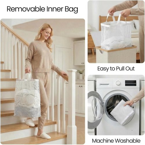 Efluky Slim Laundry Basket - Narrow Hamper with Lid & Removable Bag, 75L Beige for Bathroom & Bedroom