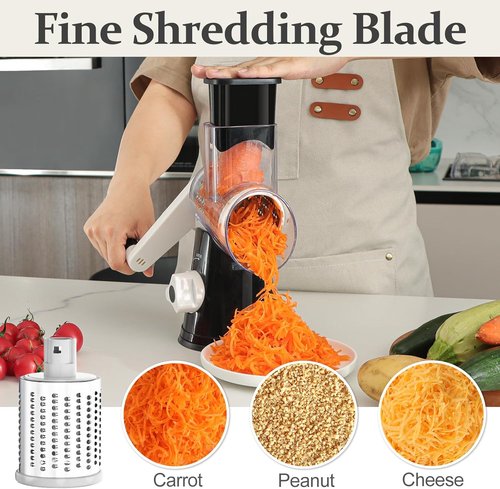 Cambom 5-in-1 Rotary Cheese Grater - Hand Crank Shredder for Fresh Cheese, Veggies & Nuts | Non-Slip Base, Black