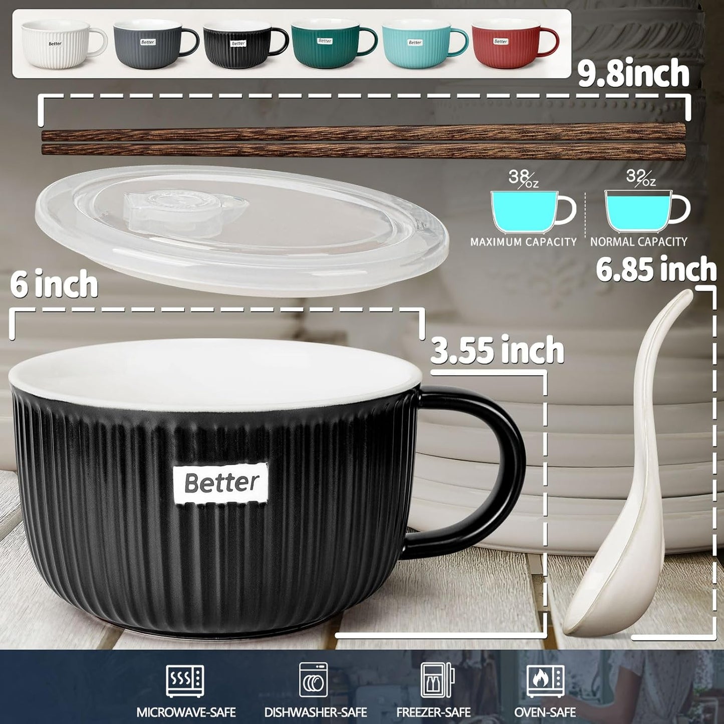 Artena 38 oz Soup Bowls - Large Microwave Safe Ceramic Ramen Bowls with Handles & Lids | Black, Set of 1