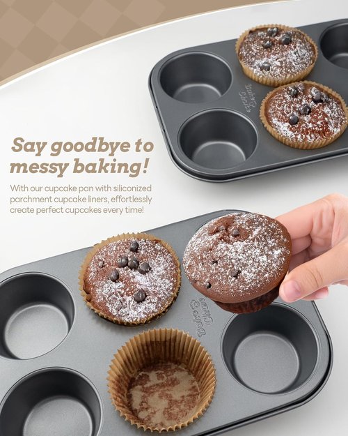 Bake Choice Jumbo Muffin Pan Set - Nonstick 6 Cup Design with 50 Natural Jumbo Cupcake Liners