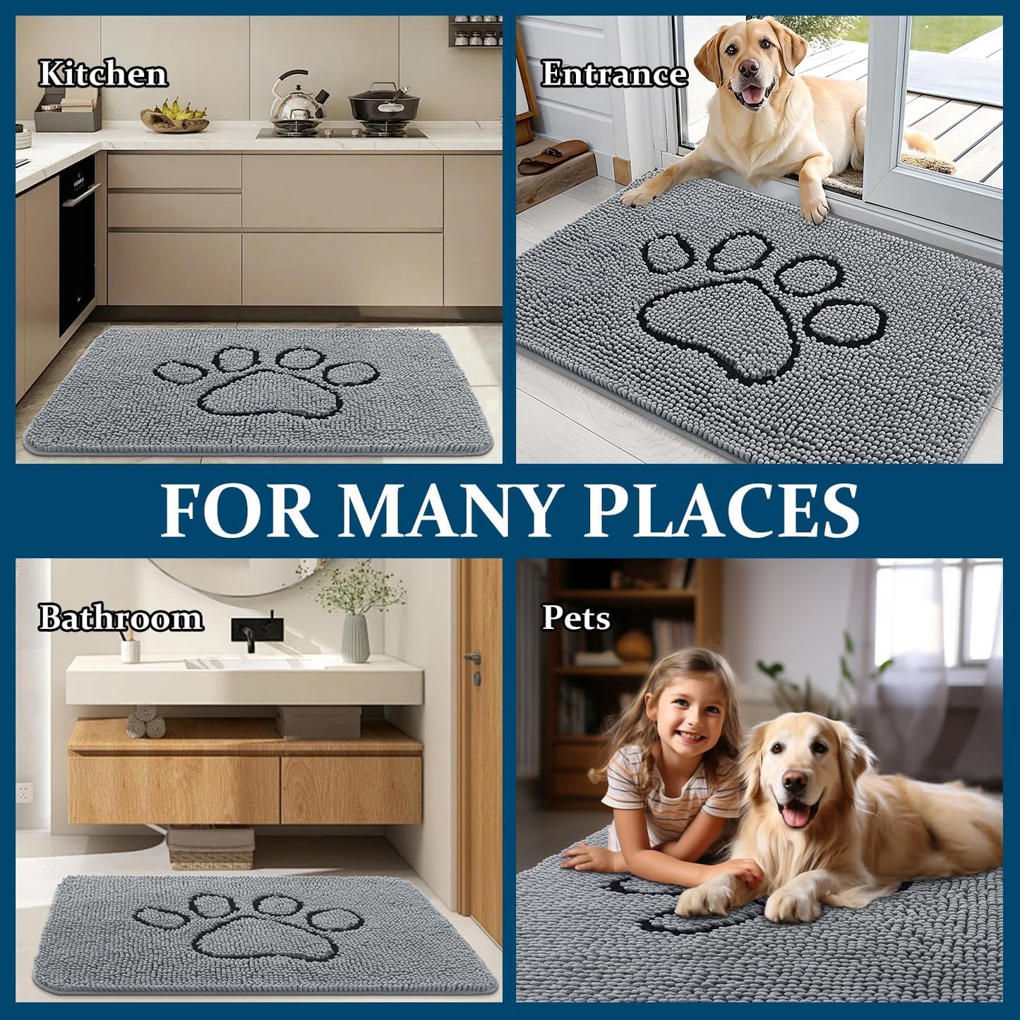 OLANLY Dog Door Mat - Absorbent Non-Slip Mud Mat for Paws | 34x21 Inches, Grey, Quick Dry Chenille