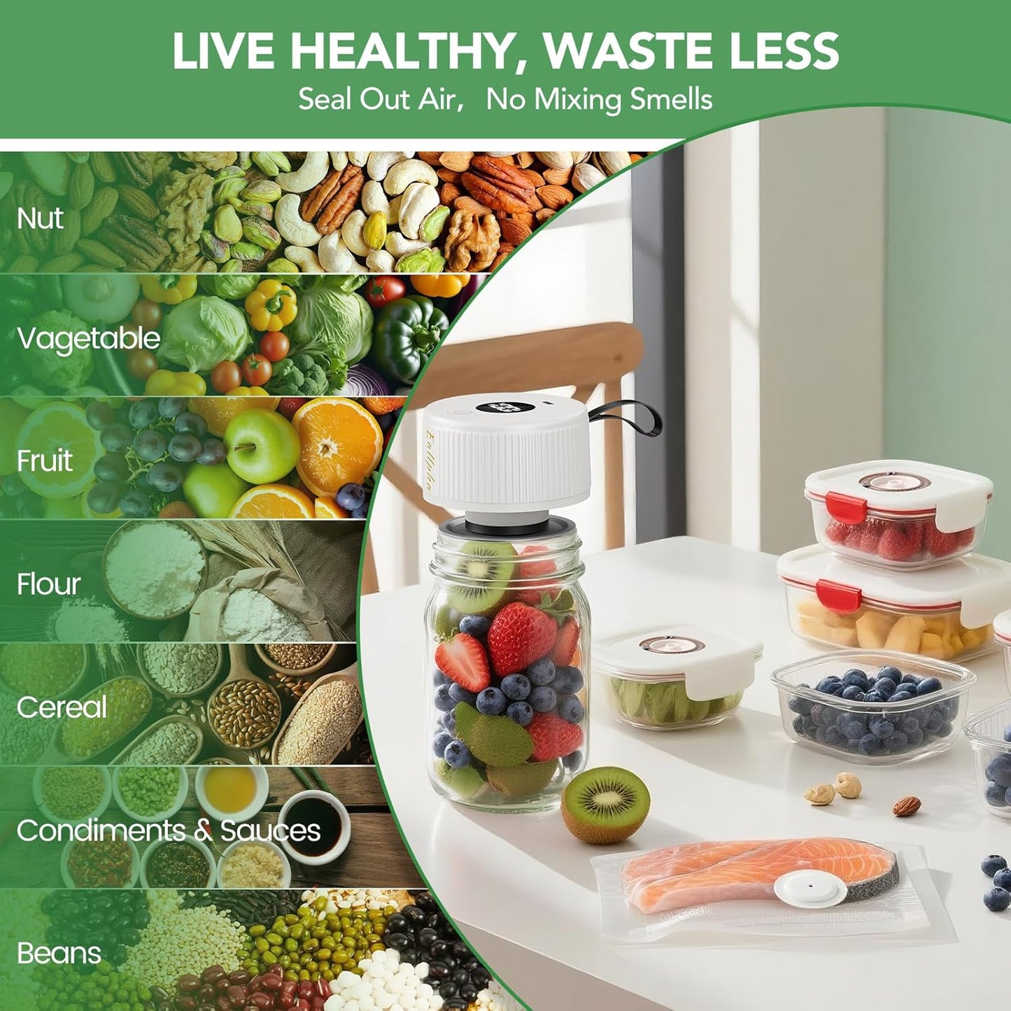 Skiennix Electric Mason Jar Vacuum Sealer - 3-in-1 One-Tap Control with 30 Lids & 5 Storage Bags