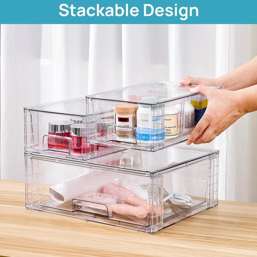 Vtopmart 3 Pack Stackable Storage Drawers, Easily Assemble Acrylic Bathroom Undersink Organizers,Clear Plastic Storage Bins for Closet,Cabinet,Pantry,Medicine Organization
