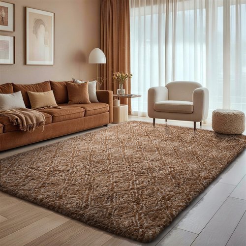 Ophanie Brown and White Diamond Striped Rugs for Living Room 6x9, Fluffy Shag Large Fuzzy Plush Soft Carpets, Shaggy Rugs for Bedroom, Carpet for Kids Boys Girls Dorm Nursery Home Decor Aesthetic