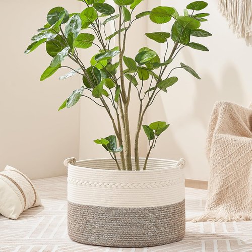 KAKAMAY Large Woven Blanket Basket - Cotton Rope Storage Hamper for Baby Laundry & Toys | White/Beige