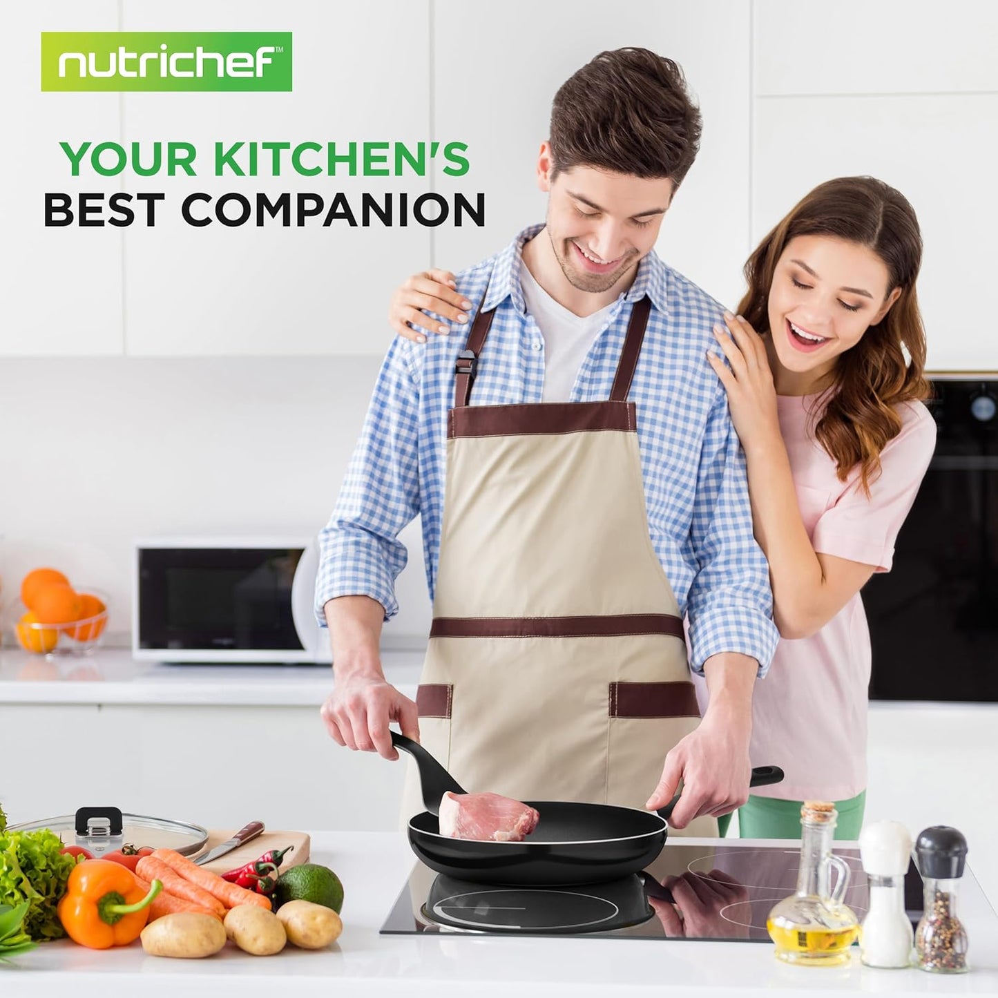 NutriChef 17-Piece Non-Stick Cookware Set - Induction-Compatible, Space-Saving Design, Black with Heat-Resistant Utensils