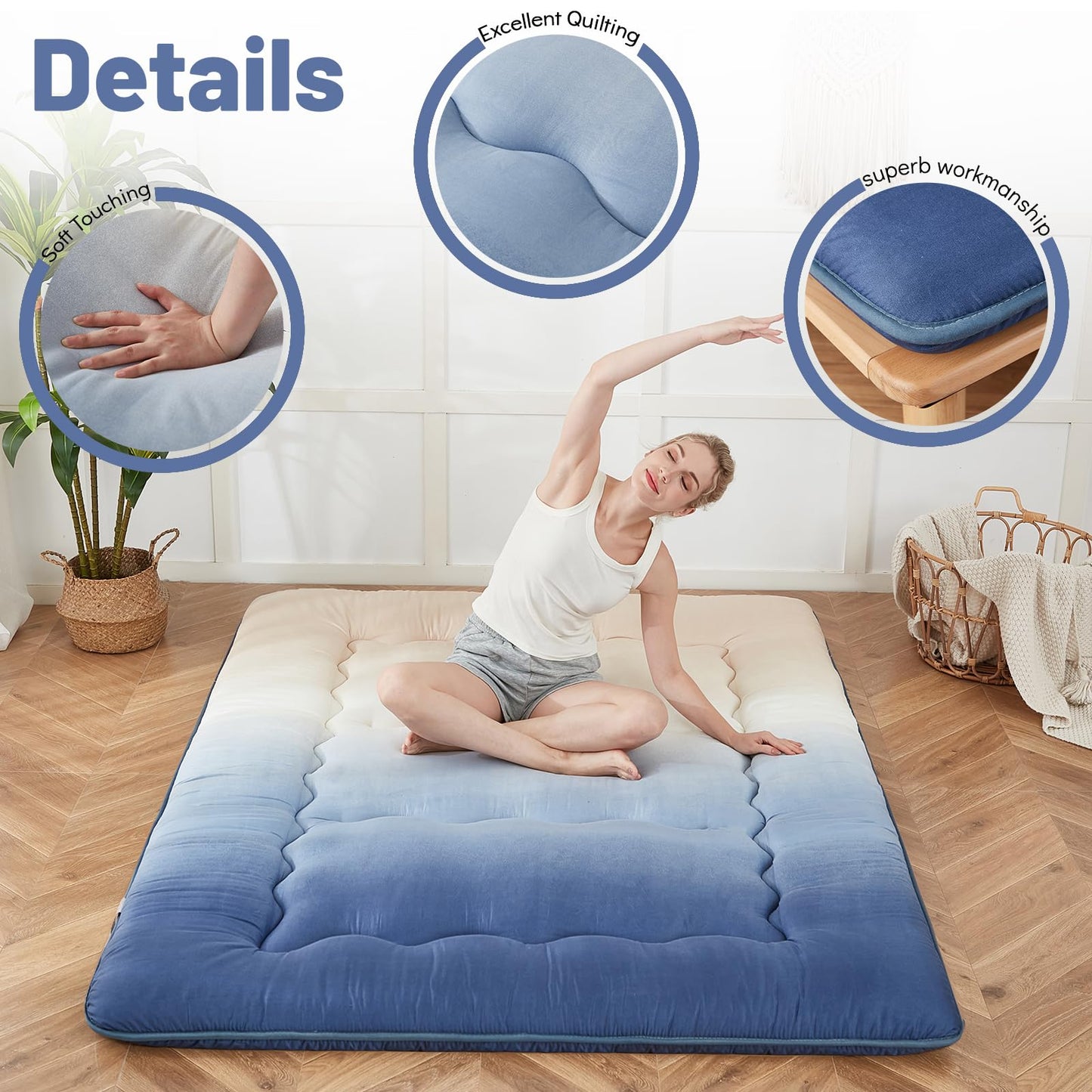 Zelladorra Japanese Floor Mattress, Futon Mattress with Portable Storage Bag and Washable Cover, Roll Up Thick Tatami Mat Suitable for Camping, Guest Room (Coastal Gradient, Twin)