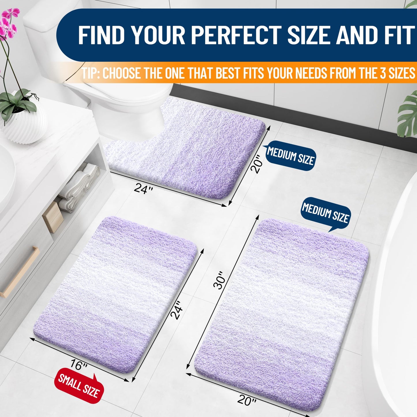 OLANLY Luxury Toilet Rugs U-Shaped 24x20, Extra Soft and Absorbent Microfiber Bathroom Rugs, Non-Slip Plush Shaggy Bath Mat, Machine Wash Dry, Contour Bathroom Mats for Toilet Base, Light Purple