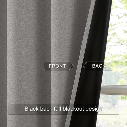 Melodieux 100% Blackout Linen Textrued Curtains for Living Room, Full Light Blocking Thermal Insulated Grommet Curtain Drapes with Black Back for Bedroom, 42 x 63 Inch, Grey (2 Panels)