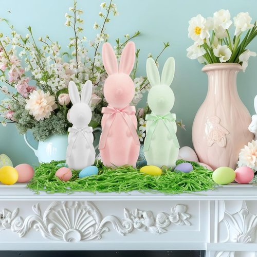 Letsroar Easter Bunny Decor Set - 3 Pack Flocked Bunnies (10", 13", 15") with Plastic Eggs & Grass | Spring Table Centerpiece