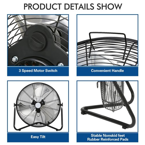 BILT HARD 4650 CFM 20" High Velocity Floor Fan, 3-Speed Heavy Duty Metal Fan with Wall-Mounting System, Industrial Shop Fan for Commercial, Garage, and Greenhouse