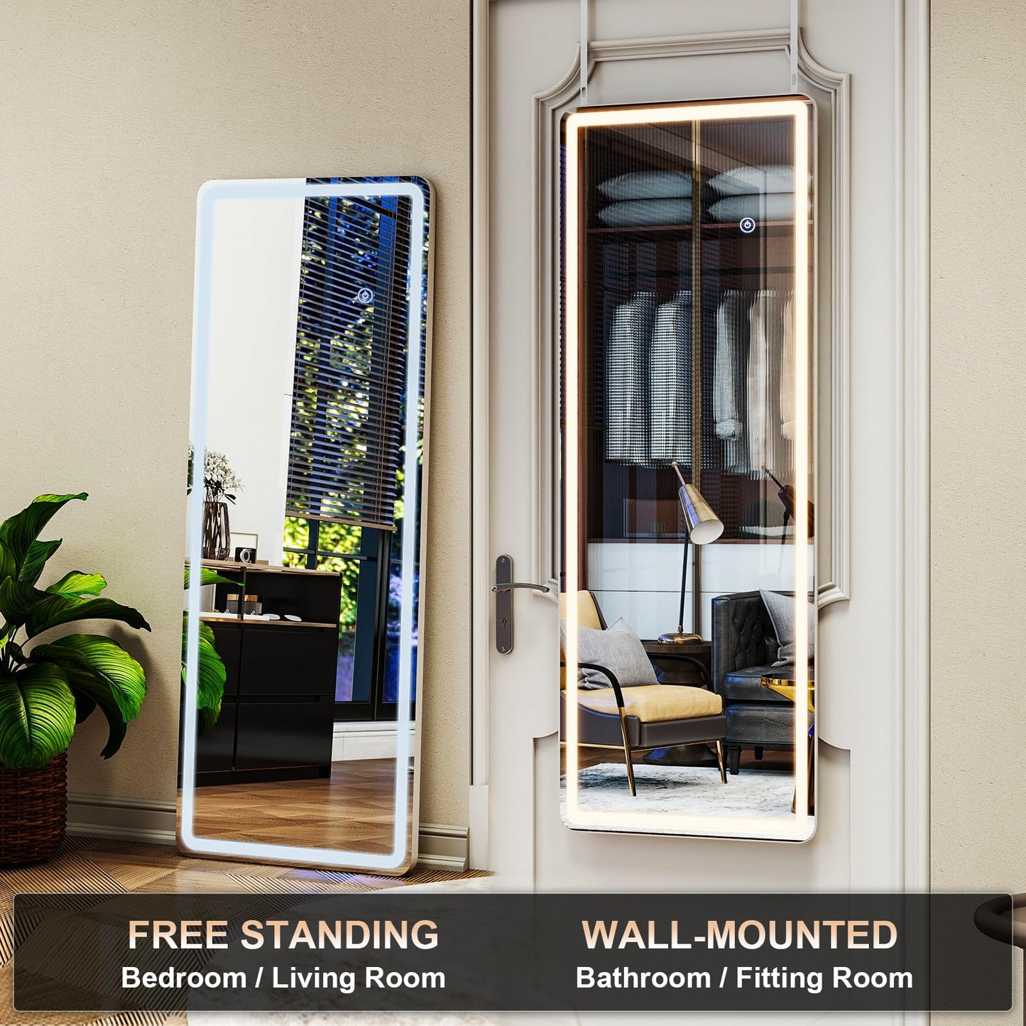 XRAMFY LED White Round Corner Door Hanging Full Length Mirror - 16“ x 48” Adjustable Brightness, Touch Screen Controls, Wall Mounted for Bedroom, Living Room, Cloakroom Dressing Mirror