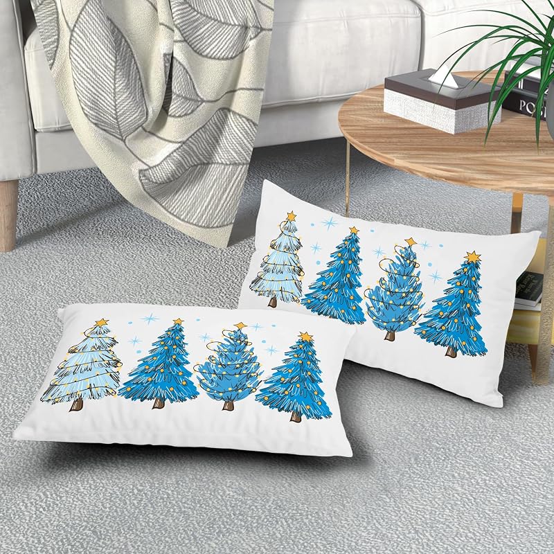 Blue Christmas Tree Throw Pillow Covers Set of 2 12x20 Decorative Pillow Cases