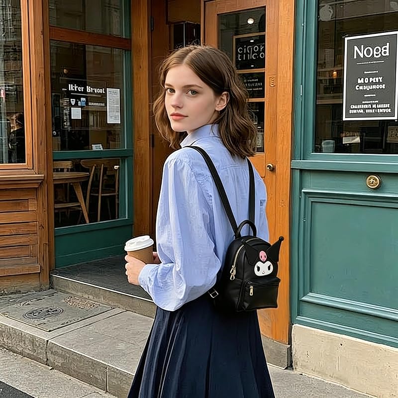 Umini Cute Cartoon Crossbody Backpack - Black, Adjustable Strap, Small PU Leather Bag