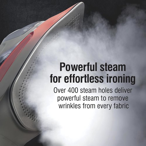 CHI Steam Iron for Clothes with 8' Retractable Cord, 1700 Watts, 3-Way Auto Shutoff, 400+ Holes, Professional Grade, Temperature Control Dial, Lava Infused Ceramic Soleplate, Black and Red (13113)
