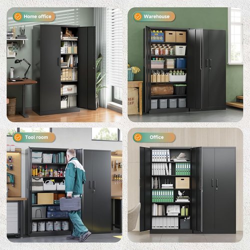 Letaya Metal Garage Storage Cabinets - 72" Tall Tool Organizer with Lock | 5 Adjustable Shelves, Black