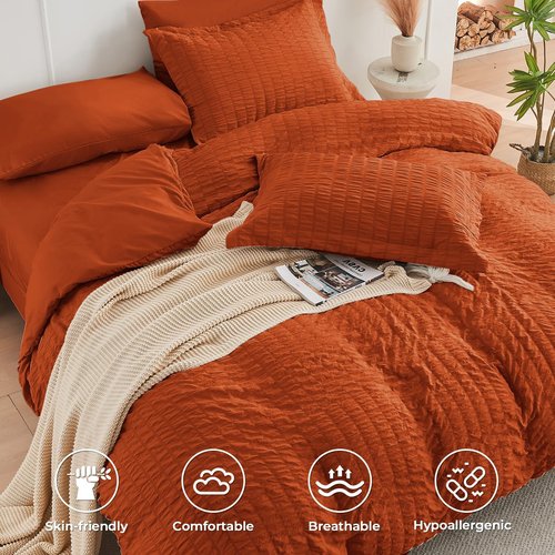 HYMOKEGE Burnt Orange Twin XL Comforter Set Seersucker 5 Pieces, All Season Luxury Bed in a Bag for Bedroom, Bedding Set with Comforter, Sheets, Pillowcase & Sham
