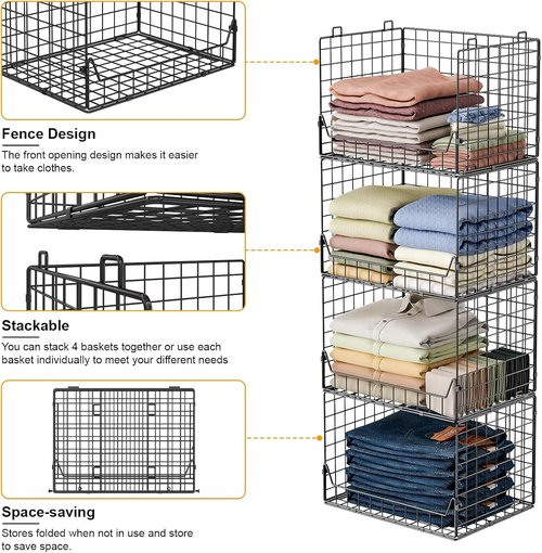 Jakyitvi 4-Tier Stackable Closet Organizer - Foldable Storage Bins for Clothes & Accessories - Sturdy Black Iron Mesh Shelves