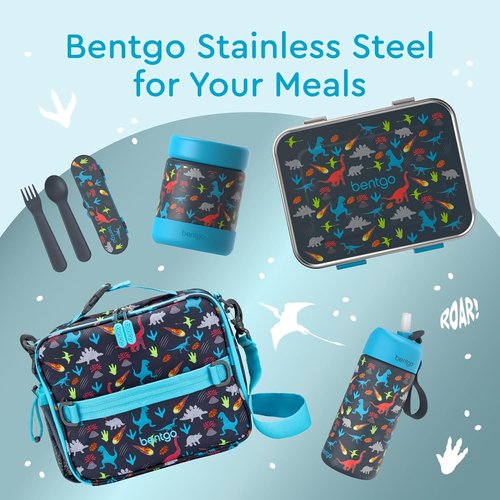 Bentgo® Kids Stainless Steel Water Bottle - Leak-Proof & Insulated, Keeps Cool 12 Hours | 14 oz. Dinosaur Design for Ages 3+