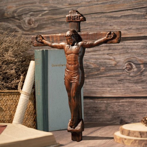 BGCOPPER Wooden Crucifix Wall Cross, INRI Jesus Cross for Wall, Handmade Cross Wall Decor for Home Christmas Gift - 14 Inch