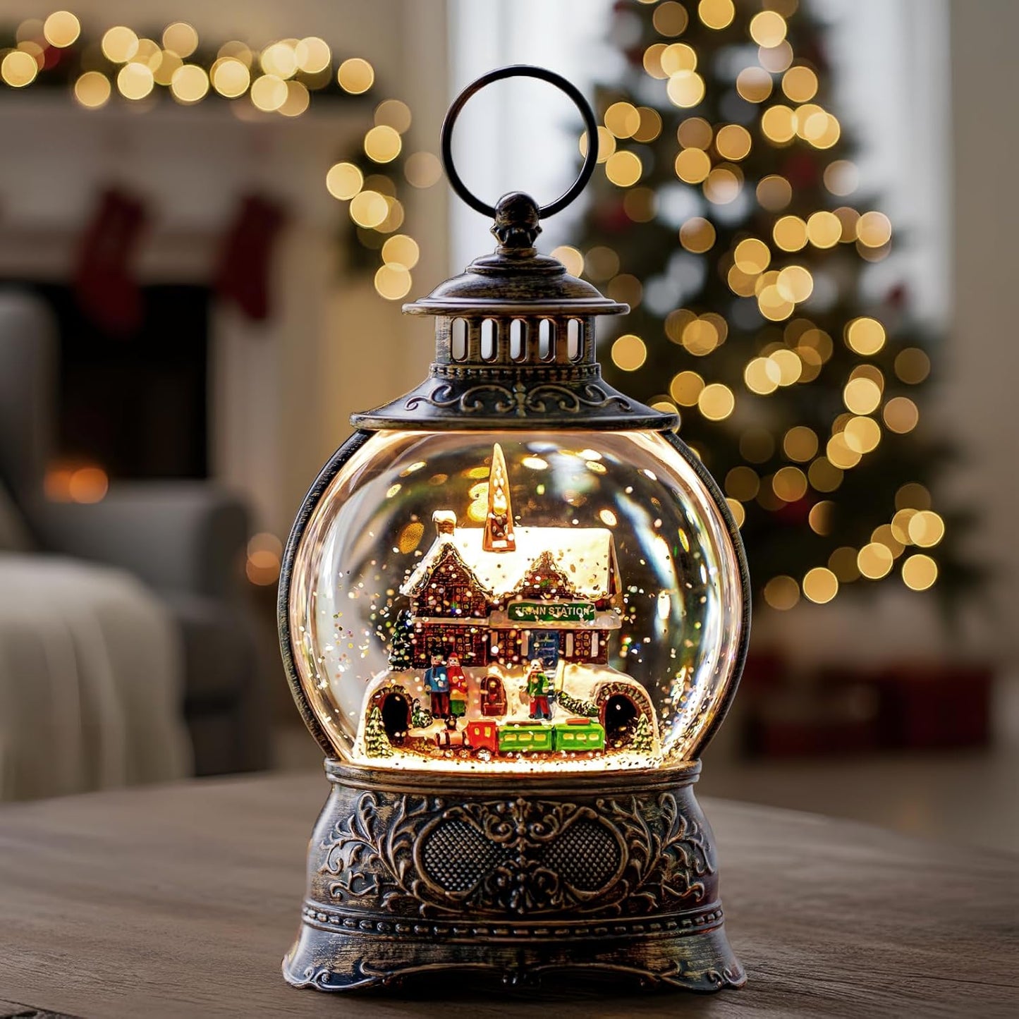 Regine Switzerland Christmas Snow Globe - Musical Water Lantern with 6-Hour Timer & USB/Battery Operated | Festive Holiday Decor