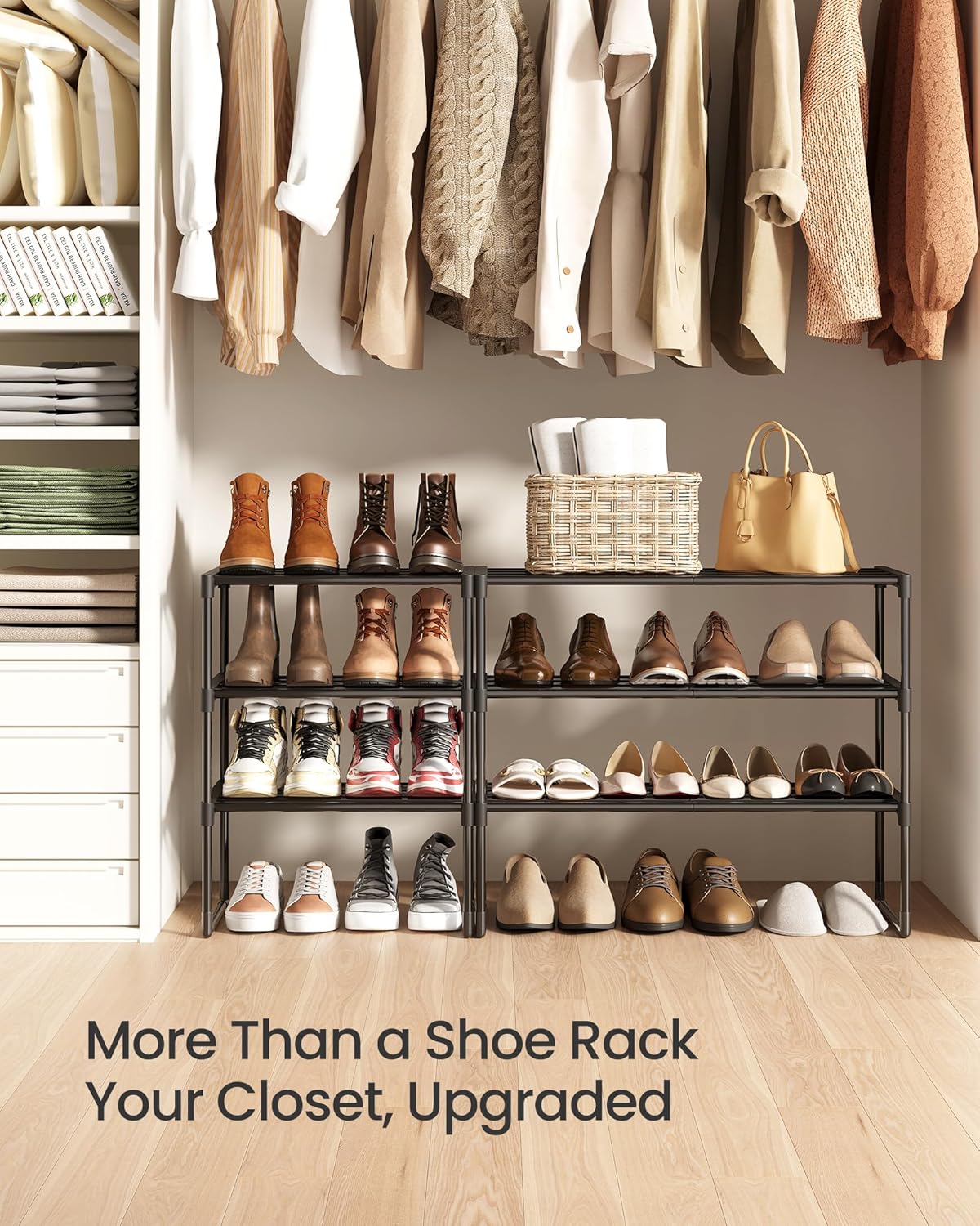SONGMICS 3-Tier Shoe Rack - Stackable Metal Organizer for 8-12 Pairs | Black, 11.8 x 26.8 x 21.7 Inches