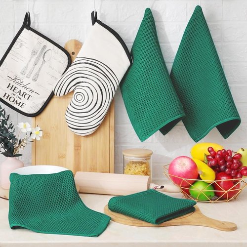 Homaxy Kitchen Dish Cloths - Ultra Soft 100% Cotton Waffle Weave, Quick Drying, 12 x 12 Inches, 8-Pack, Dark Green