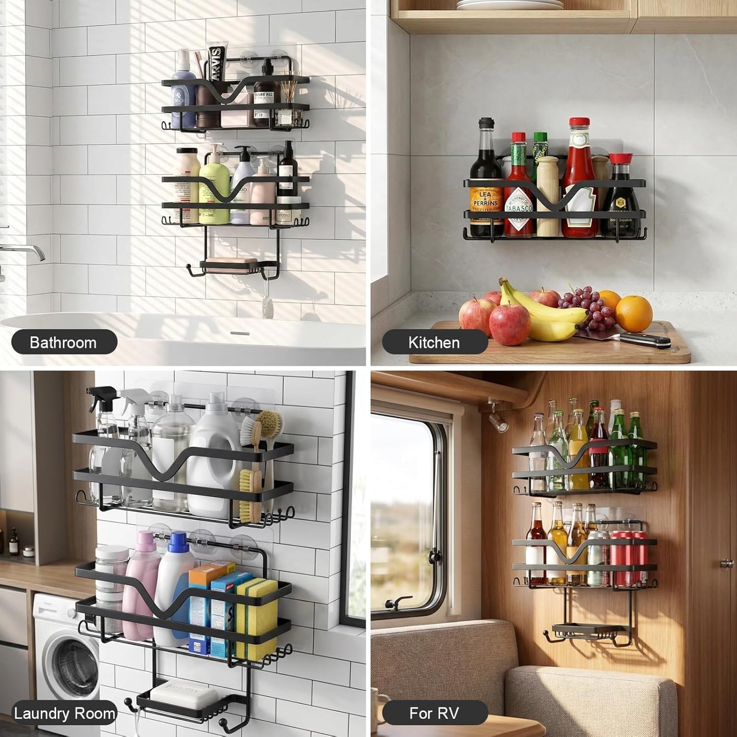 Skiennix Shower Caddy 3 Pack - Rustproof No Drill Organizer Shelves with Soap Dish & Hooks | Black