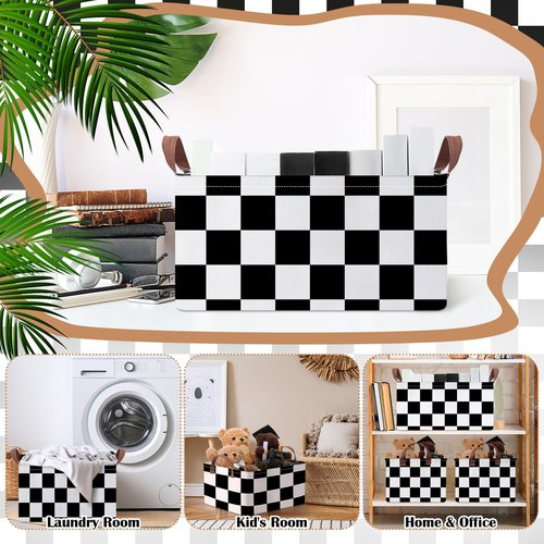 Boao 3 Pcs Checkered Basket Easter Baskets Checkered Storage Bin with Handles Gingham Storage Bin Square Tote Laundry Basket Canvas Foldable Box for Home Office Bedroom Bathroom(Black)