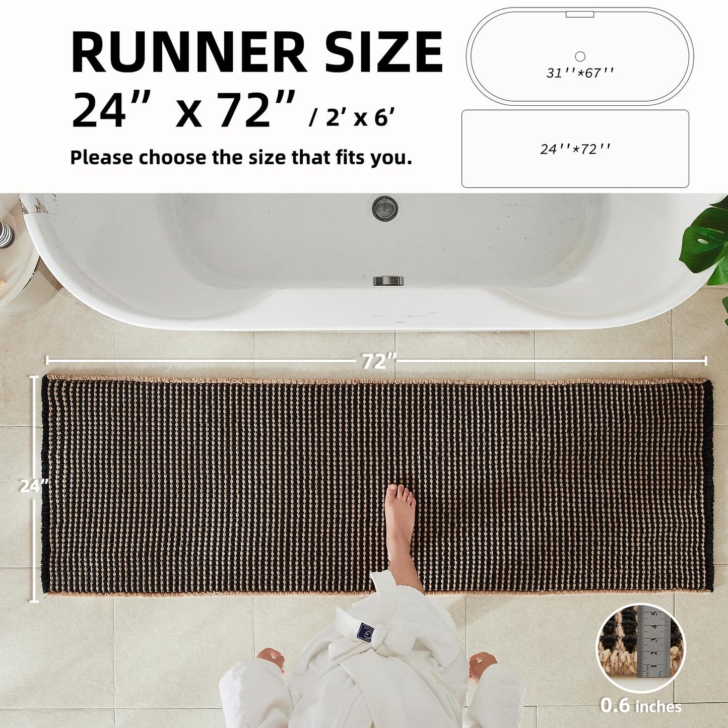 TYUU Waffle Runner Rug Bathroom, Long Boho Bathroom Rugs Non Slip Washable Super Absorbent Quick Dry Farmhouse Bath Decor, 72"x24" Khaki and Black