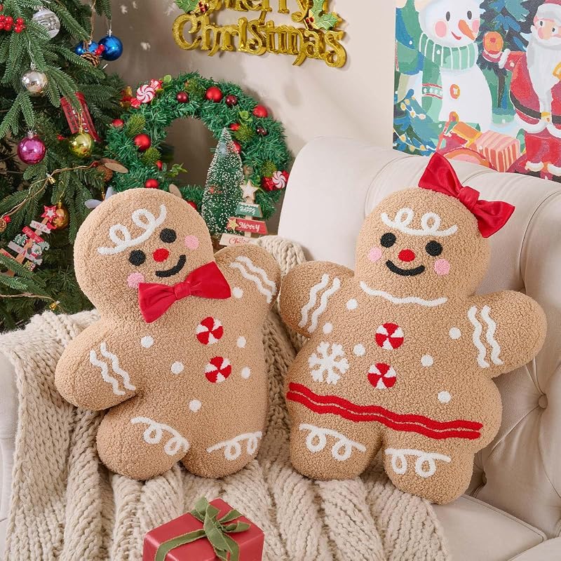Lanpn 2-Pack Christmas Gingerbread Man Throw Pillows - Boy & Girl, 18.3'' x 15.2'' & 18.5'' x 16.3'', Soft Fleece Sherpa Xmas Decor