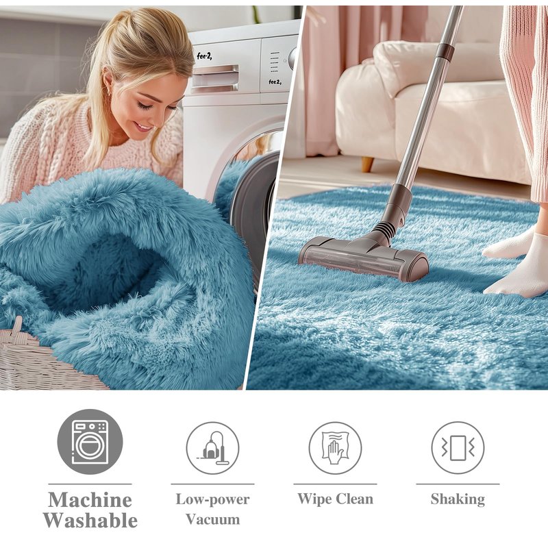 OLANLY Slate Blue Round Rugs for Bedroom - Machine Washable, 2 ft Circle Area Rugs for Living Room, Soft and Fluffy Shaggy Carpet for Teen Girl and Boys, Nursery Rooms, Dorms, Home Decor Aesthetic