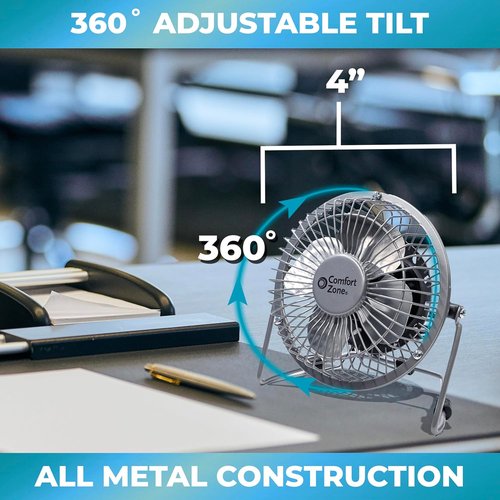 Comfort Zone Mini Desk Fan - High Velocity 4-Inch All-Metal USB Fan with 360° Tilt & Quiet Operation | Portable for Home & Travel