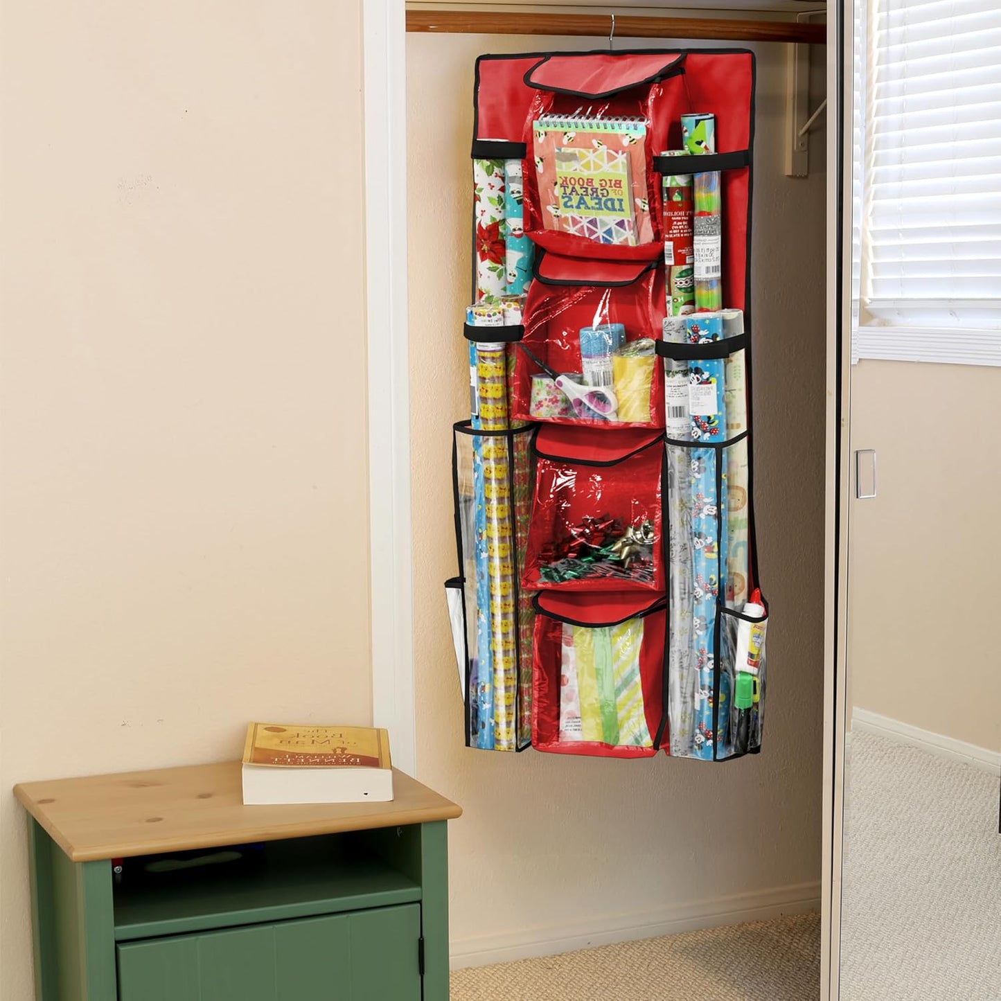 Simple Houseware Double-Sided Gift Wrap Organizer - Red Storage Pockets (Set of 1)