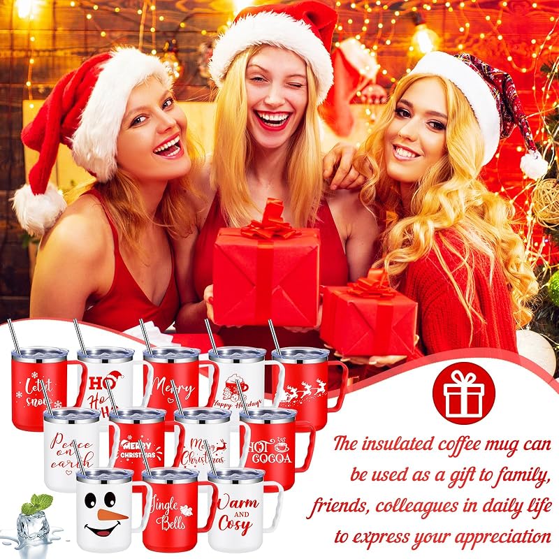 Umigy 12-Piece 17oz Christmas Coffee Mugs Set with Lids & Straws - Variation: Cute