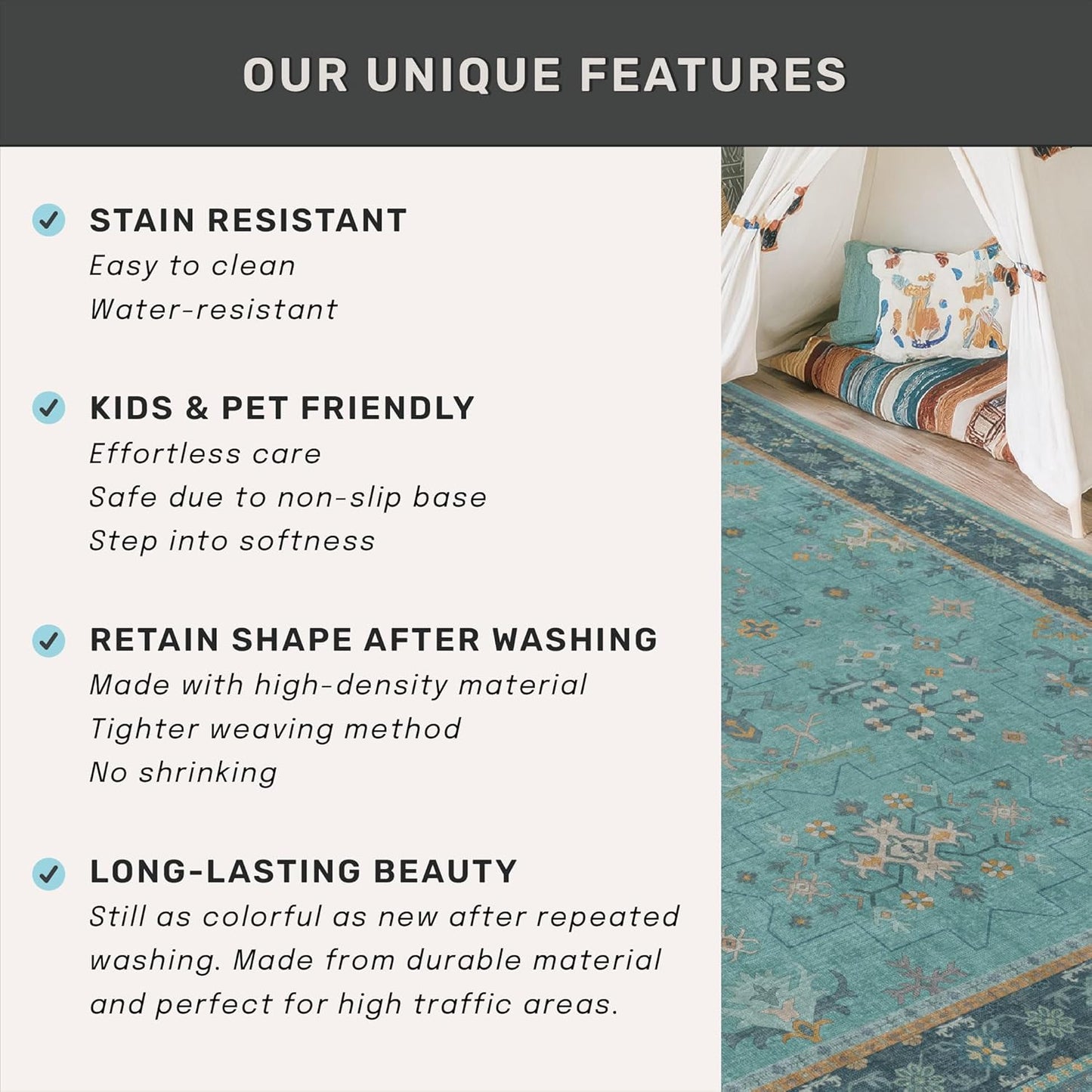 Boho Runner Rugs | 2'6"x8' Teal Washable Hallway Rug - Non-Slip Rubber Backing, Vintage Floral Design