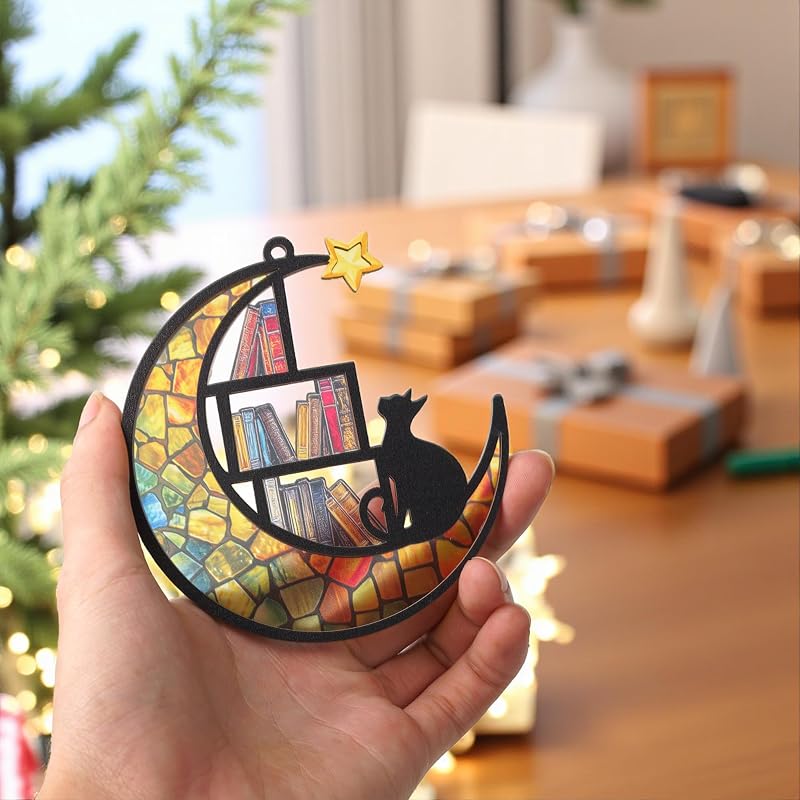 Moon Book Ornament – Stained-Glass Wood & Acrylic Cat & Book Holiday Decoration (Variation: Moon Book)