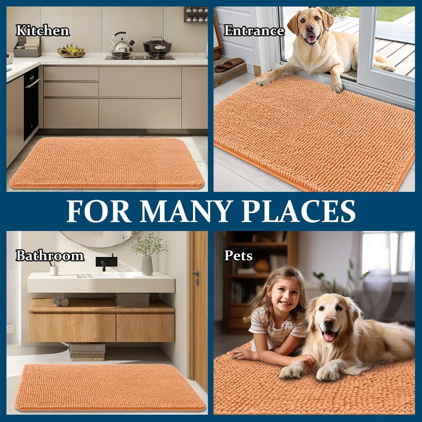 OLANLY Dog Door Mat - Absorbent Non-Slip Chenille Mat for Muddy Paws | 34x21 Inches, Quick Dry, Orange