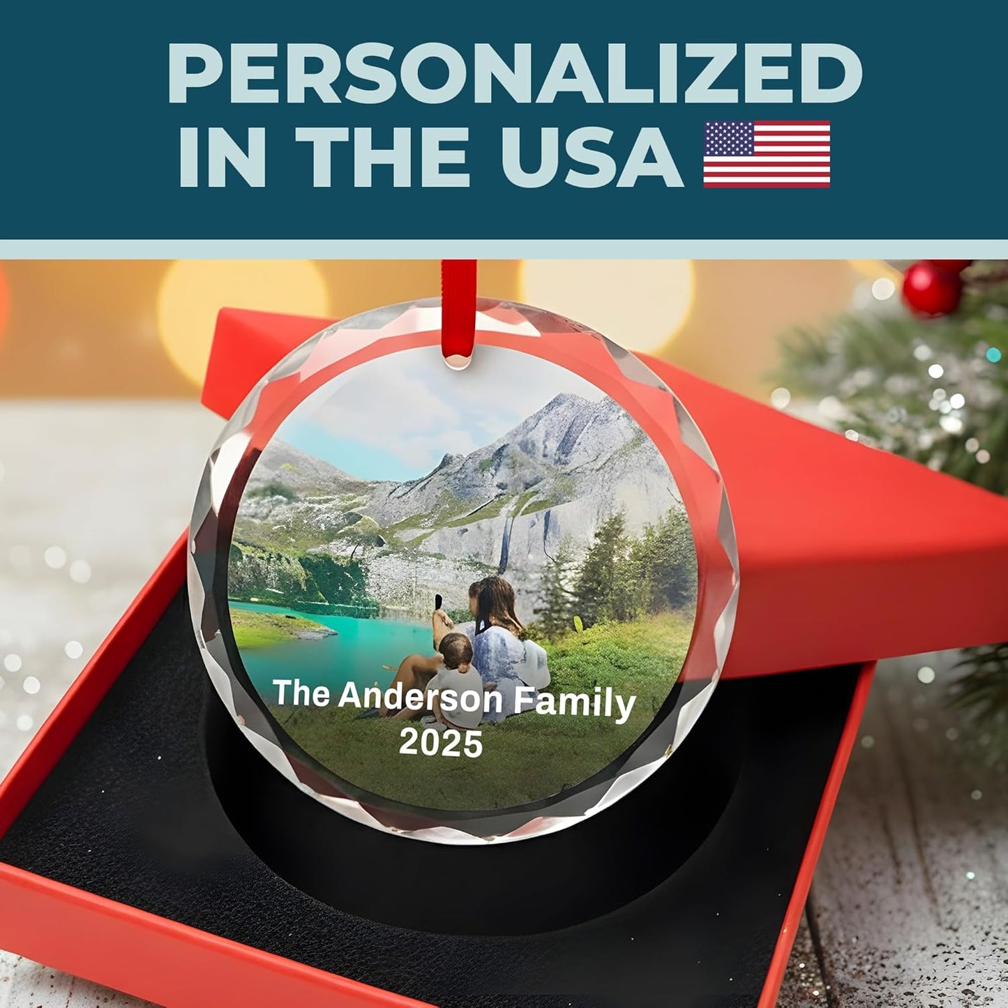 Regine Switzerland Personalized Christmas Ornament - Custom Crystal Photo Keepsake with Text