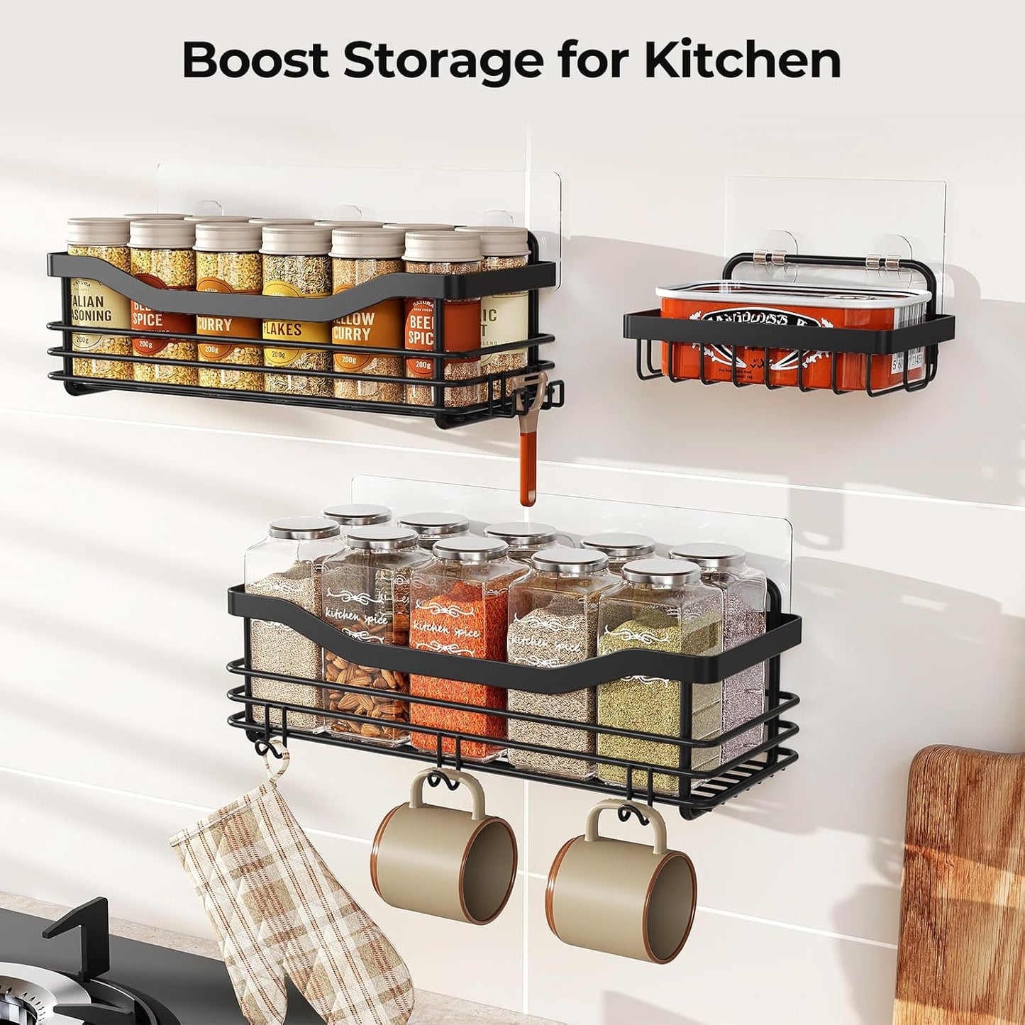 Orimade Shower Caddy - Wall-Mounted Bathroom Organizer with 5 Hooks | No Drilling, SUS304 Stainless Steel - 3 Pack, Black