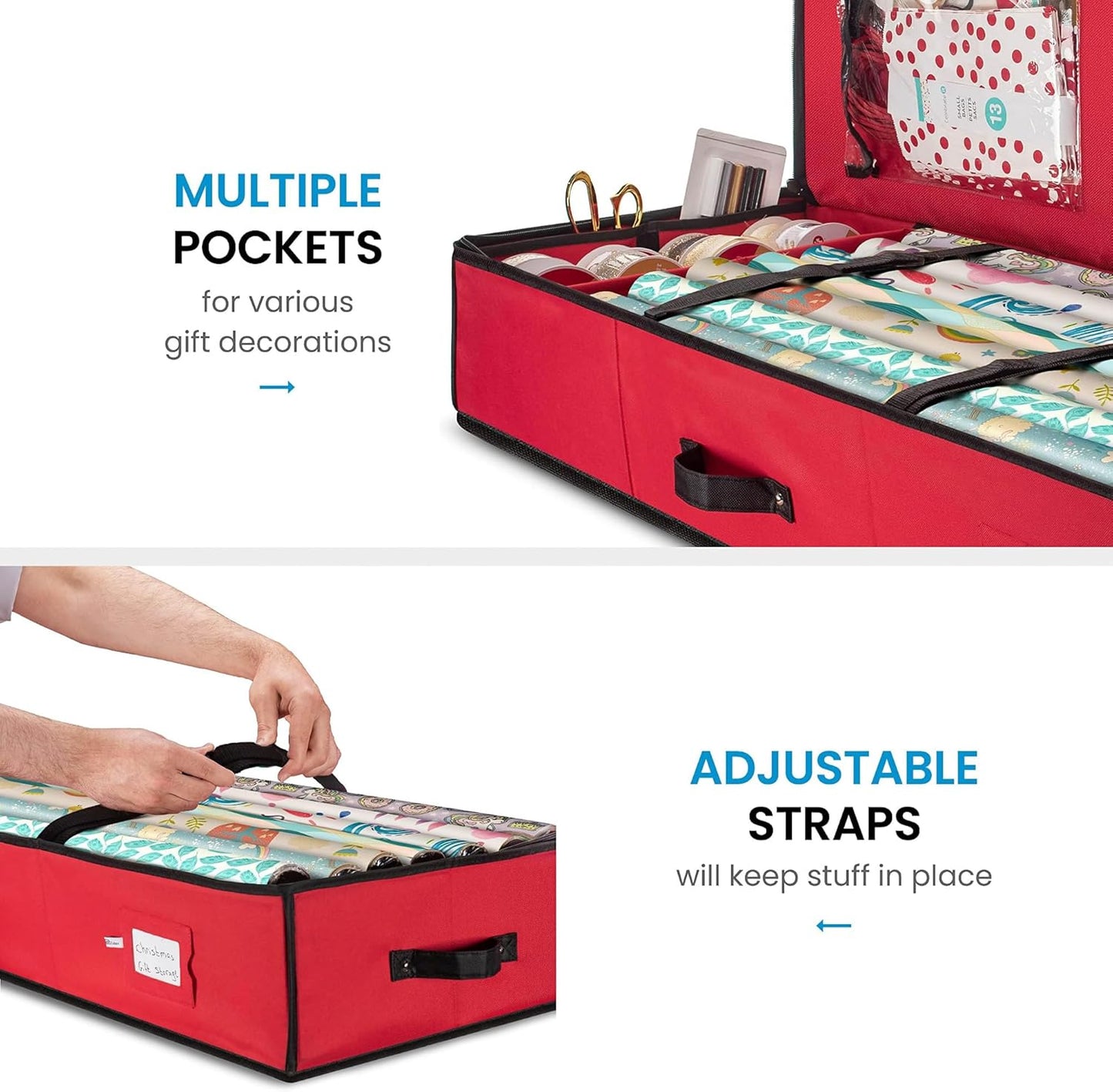 ZOBER Gift Wrapping Paper Organizer - 40" Storage for 24 Rolls with Pockets for Bows & Ribbons | Red/Black 600D Oxford